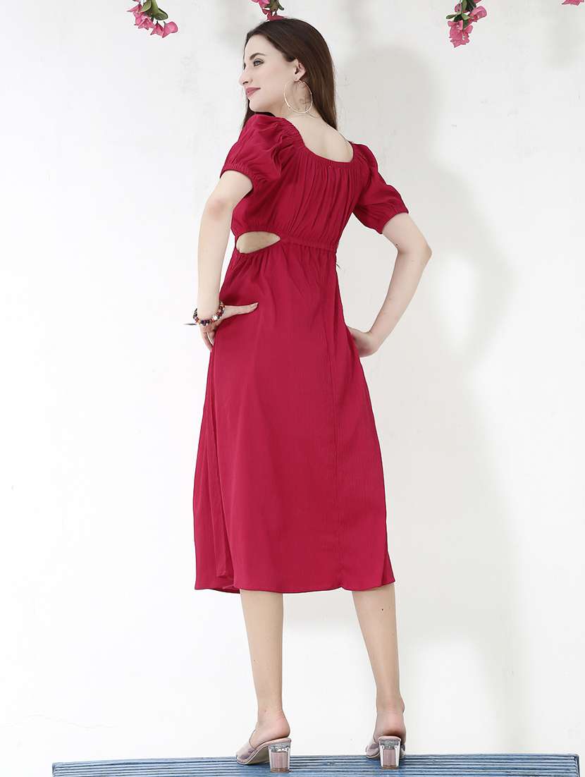 red solid puff sleeves a-line dress - 20473221 - Standard Image - 3