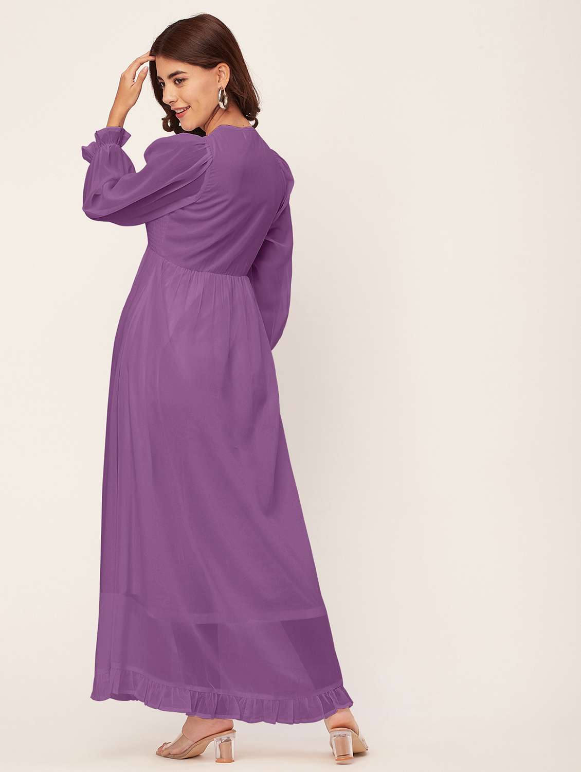 lavender solid smocked puff sleeves maxi dress - 20473231 -  Standard Image - 3