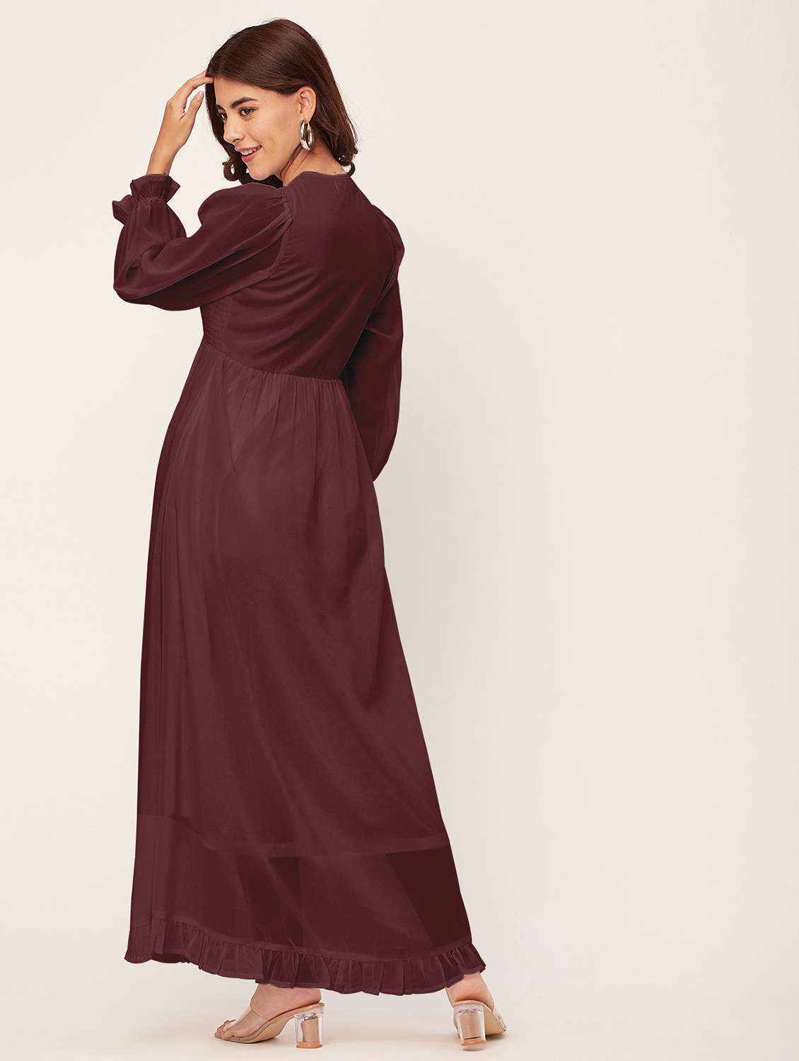 coffee brown solid puff sleeves maxi dress - 20473234 -  Standard Image - 3