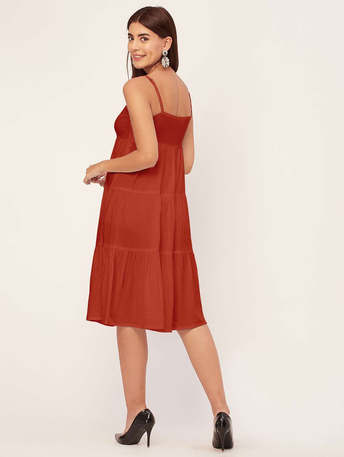 rust solid tiered dress - 20473238 -  Standard Image - 3