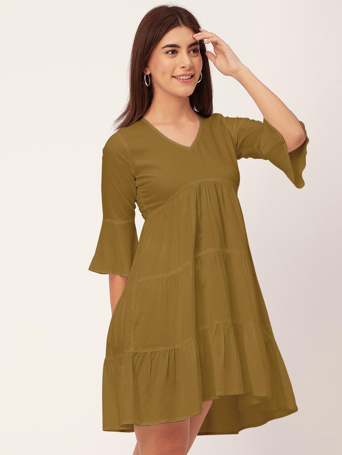 olive solid tiered dress - 20473243 - Zoom Image - 0