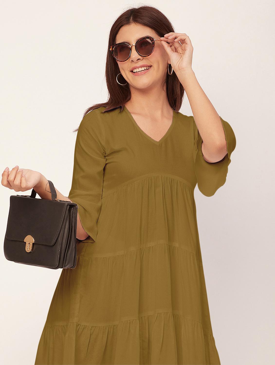 olive solid tiered dress - 20473243 - Standard Image - 3