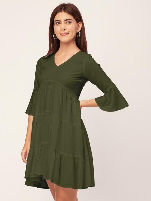 olive solid tiered dress - 20473245 - Standard Image - 0