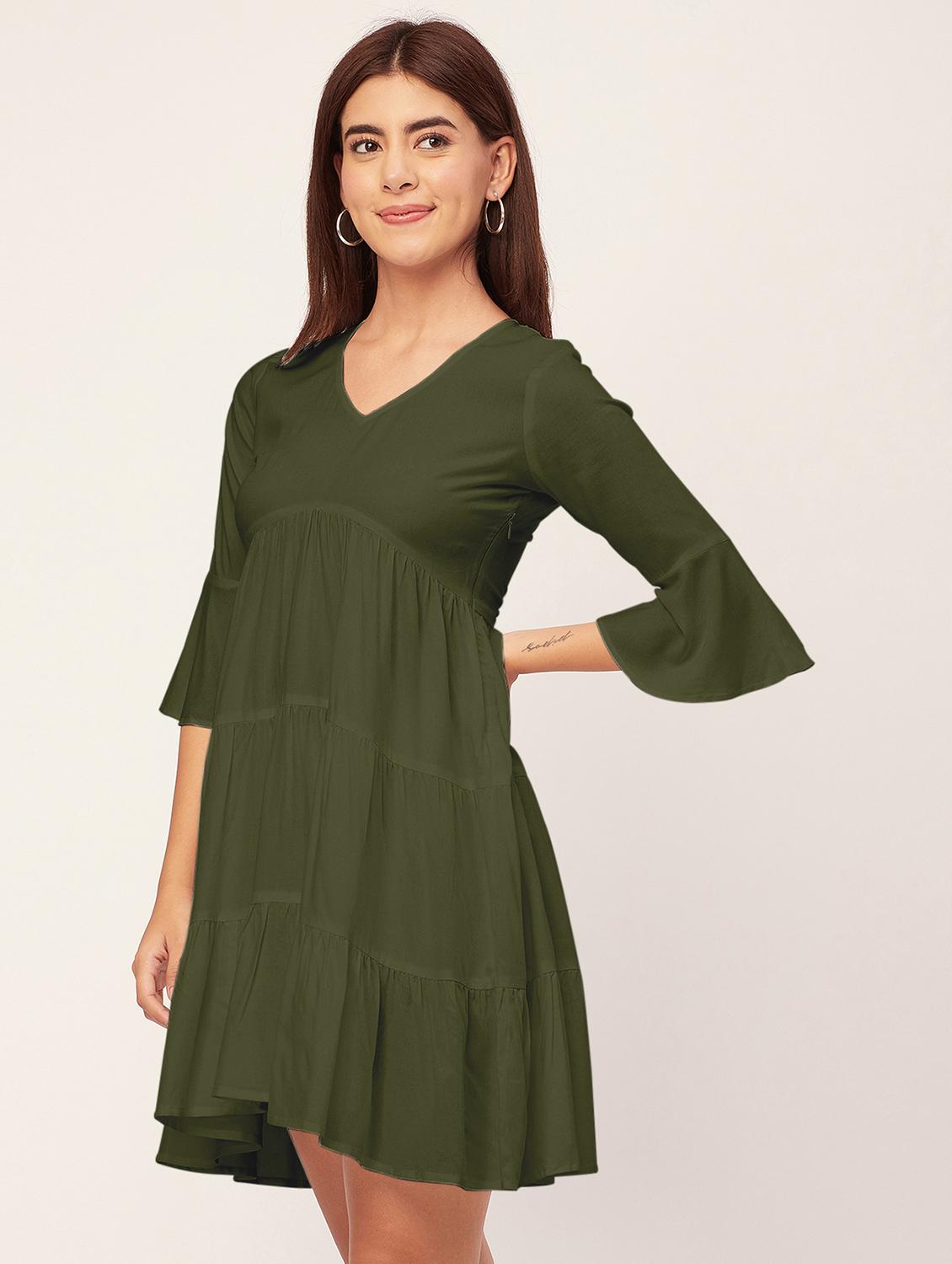 olive solid tiered dress - 20473245 - Zoom Image - 0