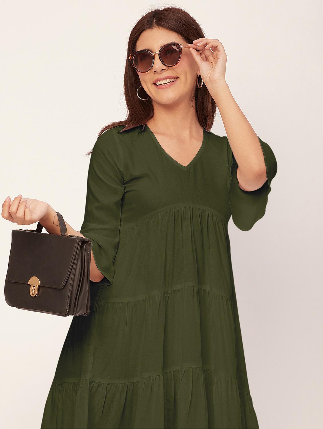 olive solid tiered dress - 20473245 - Standard Image - 3