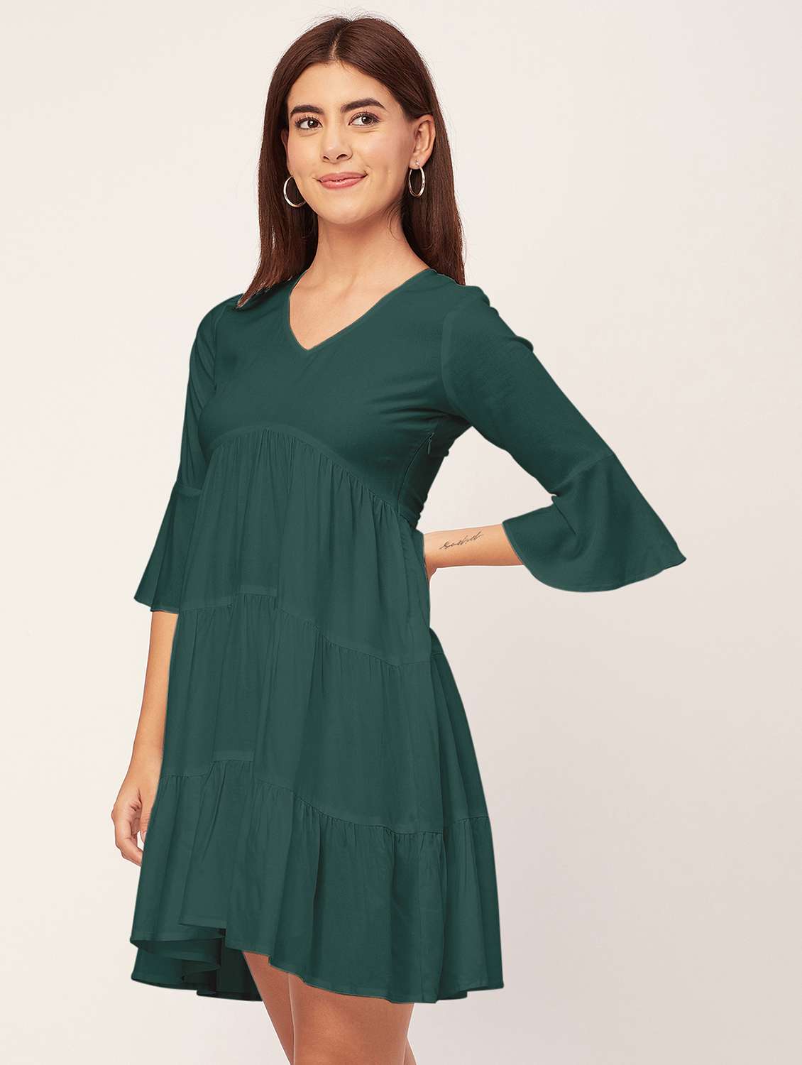 bottle green solid tiered dress