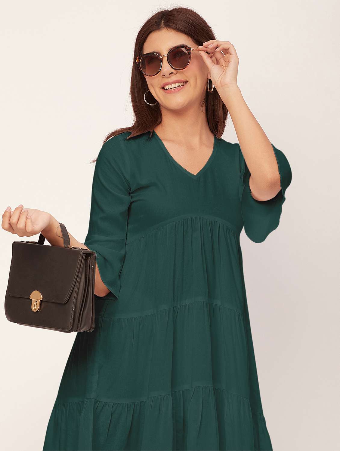 bottle green solid tiered dress - 20473247 -  Standard Image - 3