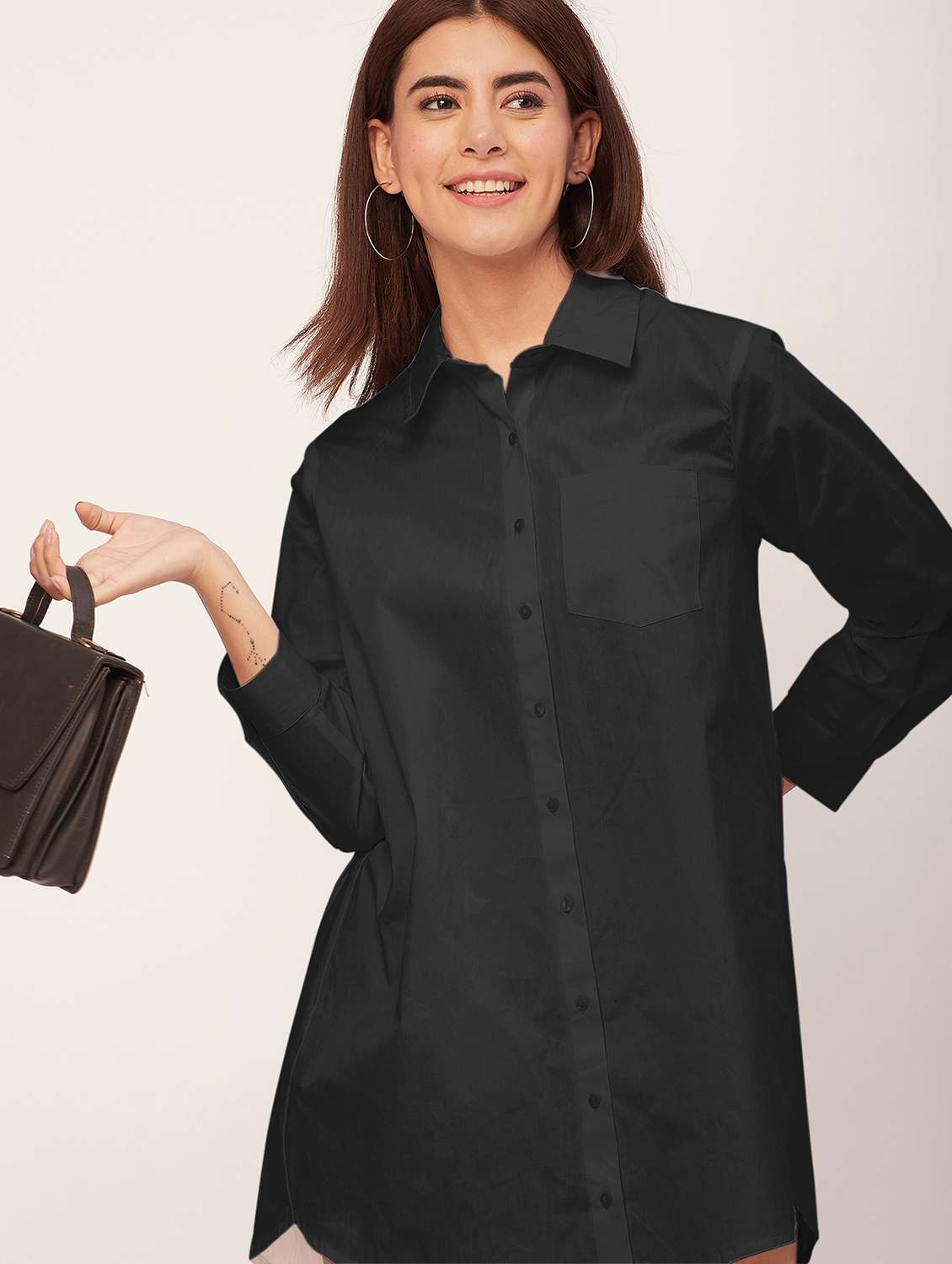 Black Solid Shirt Dress - 20473253 -  Standard Image - 3