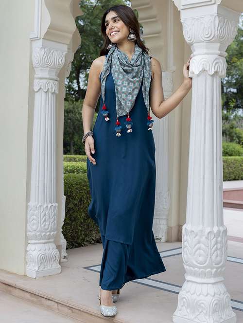 women blue solid kurta palazzo set with scarf - 20474375 -  Standard Image - 0