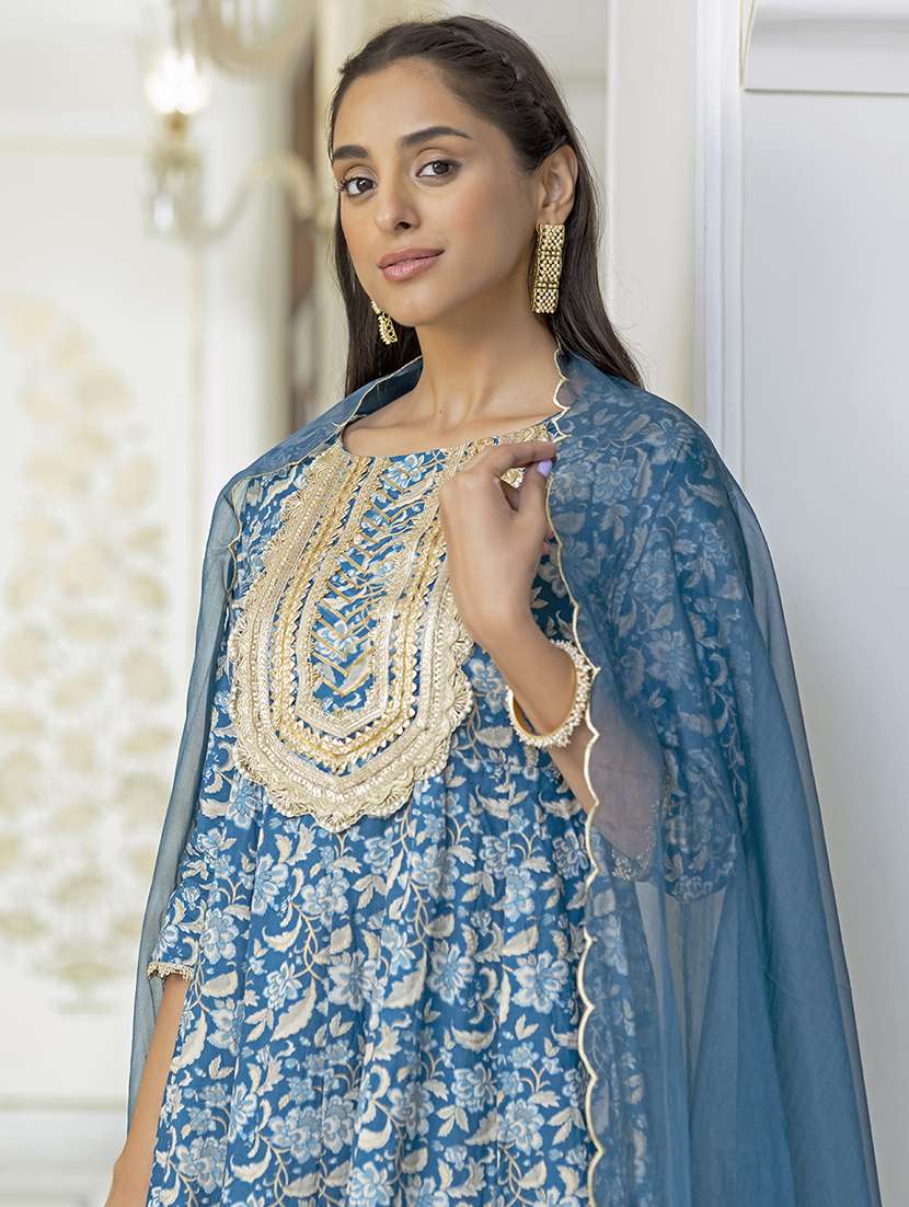 women blue round neck kurta palazzo set with dupatta - 20474379 -  Standard Image - 3
