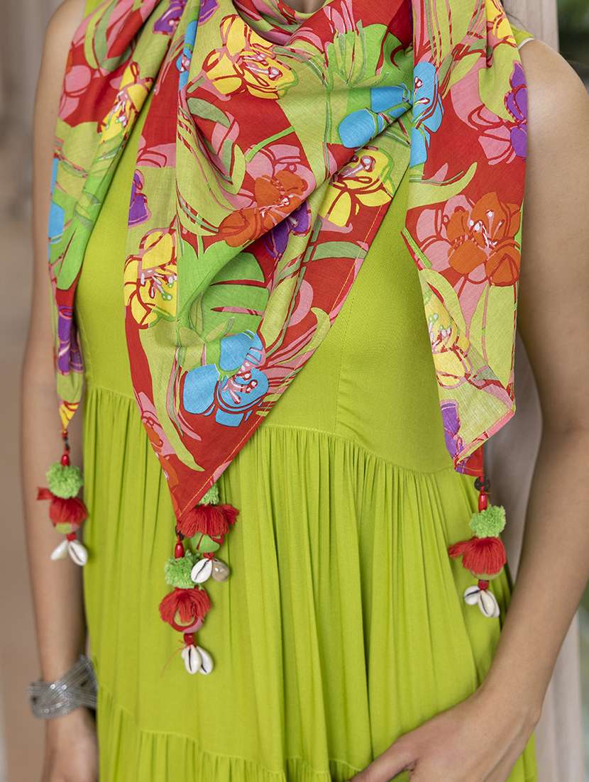 women lime solid tiered kurta with scarf - 20474393 -  Standard Image - 3