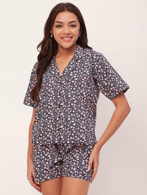 navy blue floral shorts nightwear set - 20475931 - Standard Image - 0
