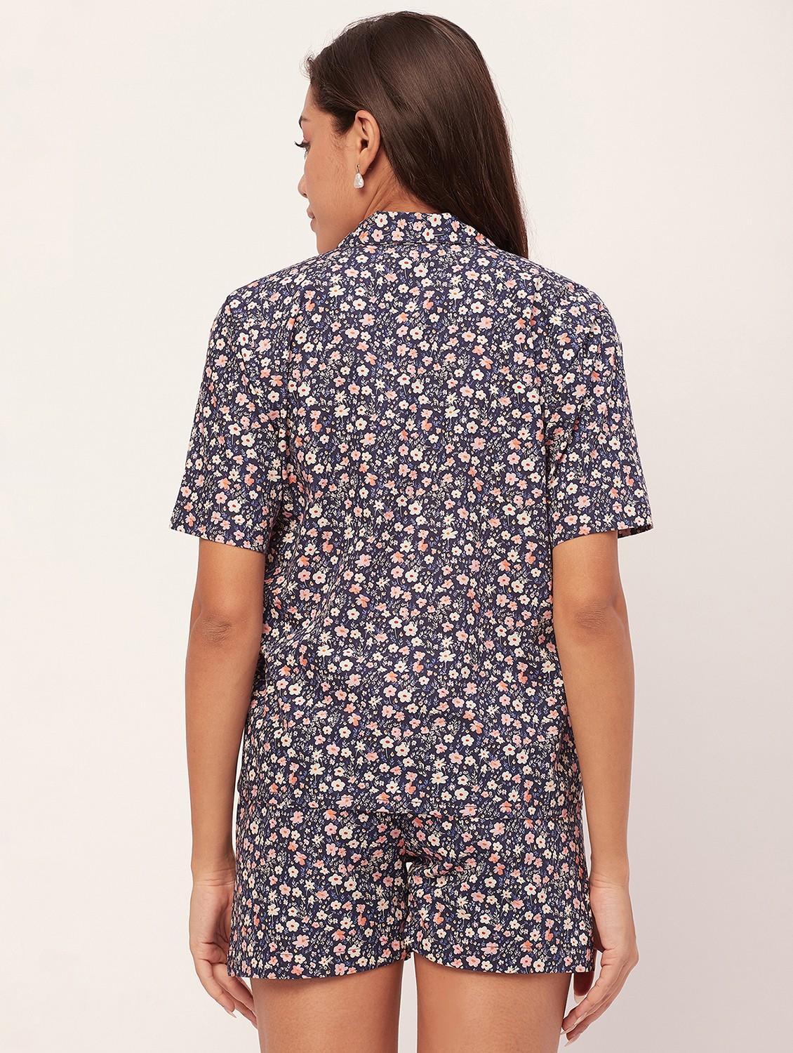 navy blue floral shorts nightwear set - 20475931 - Standard Image - 3