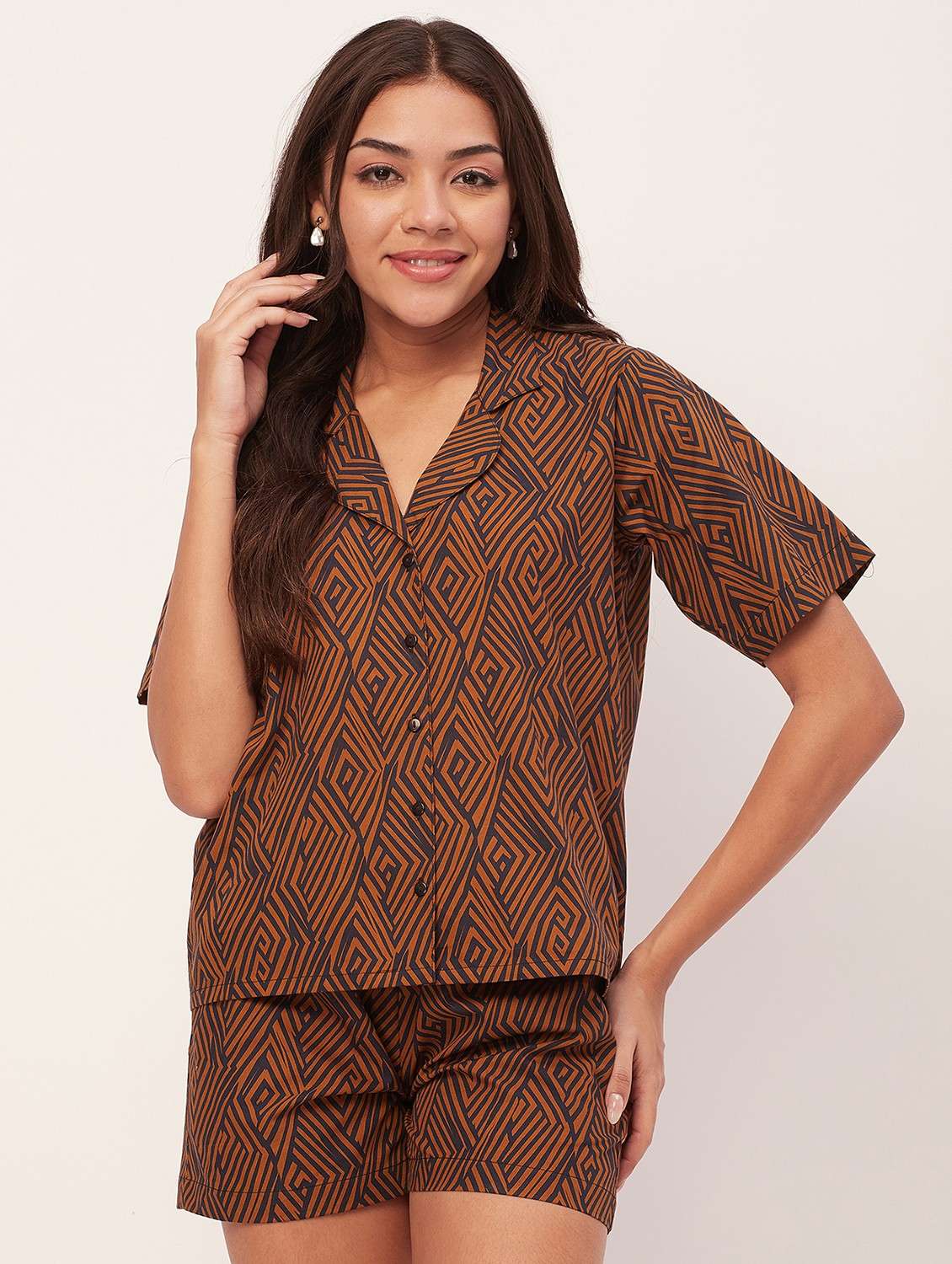 bronze and black printed shorts nightwear set - 20475932 -  Zoom Image - 0