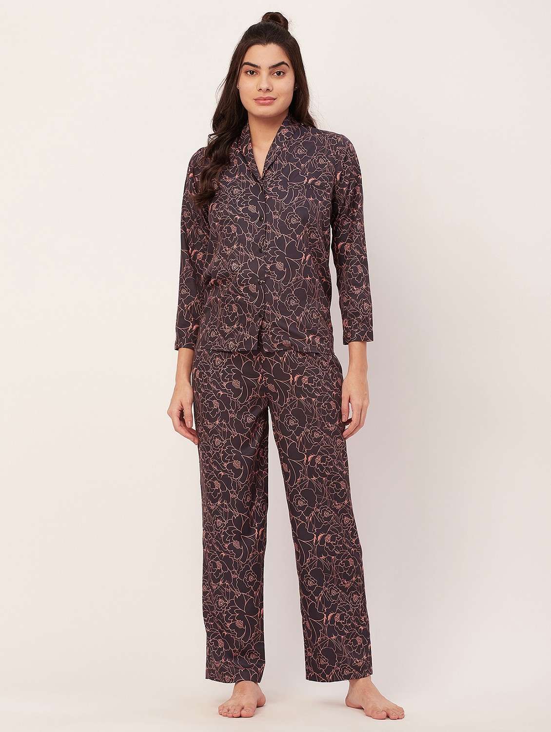 brown floral print pyjama nightwear set - 20475943 - Zoom Image - 0