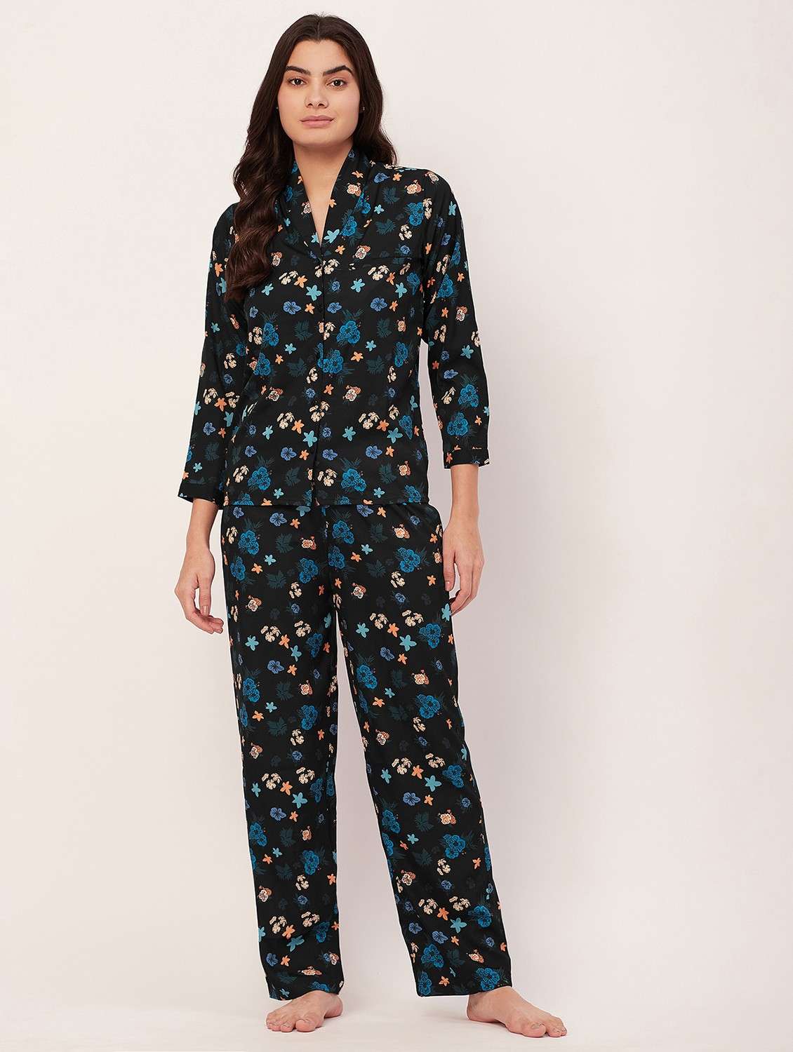 black tropical print pyjama nightwear set
