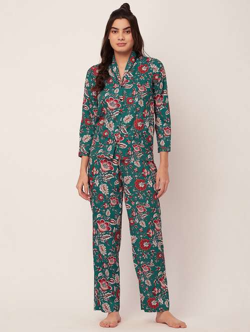 teal floral print pyjama nightwear set - 20475948 - Standard Image - 0