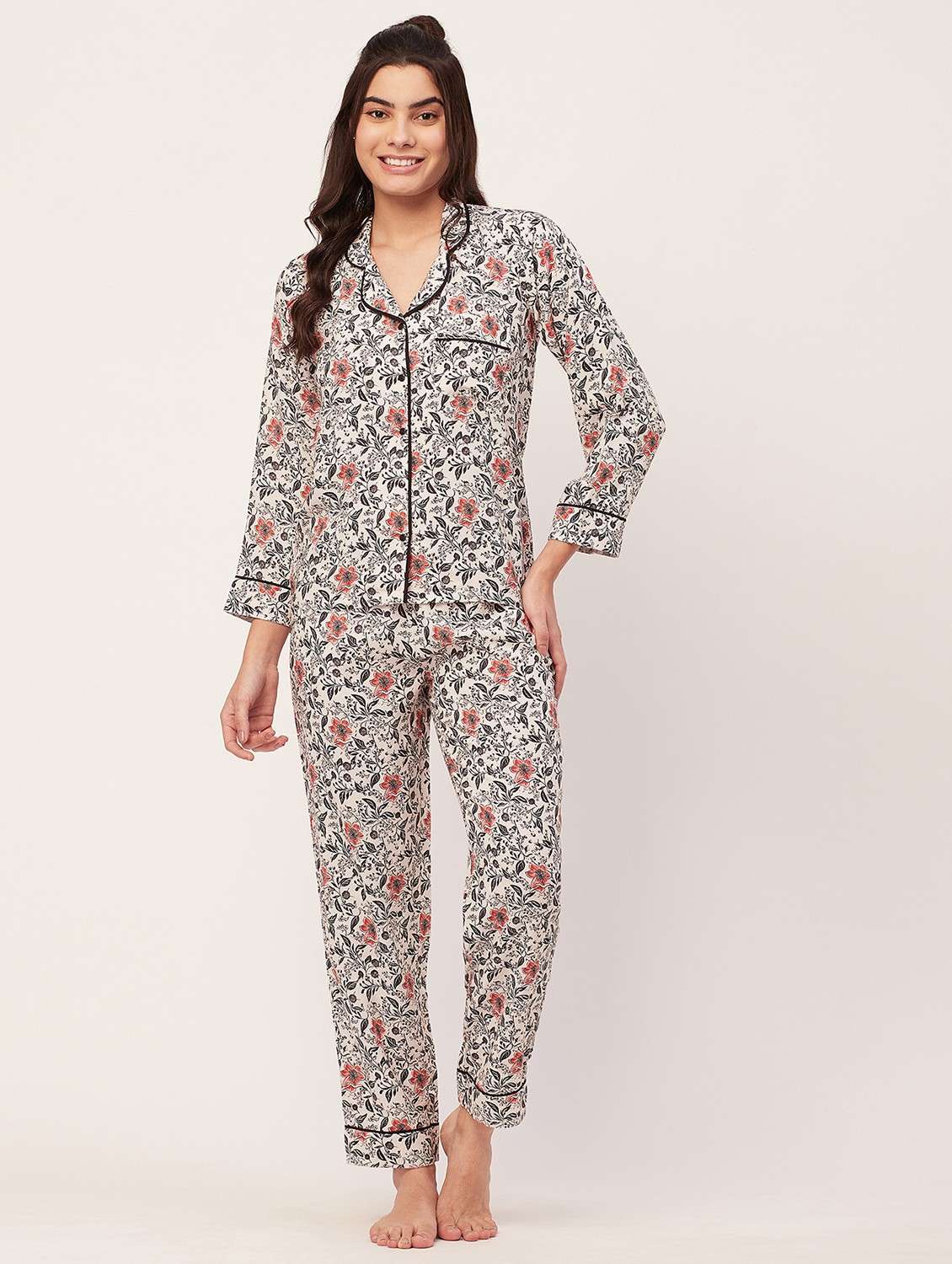 optic white floral print pyjama nightwear set - 20475976 - Zoom Image - 0