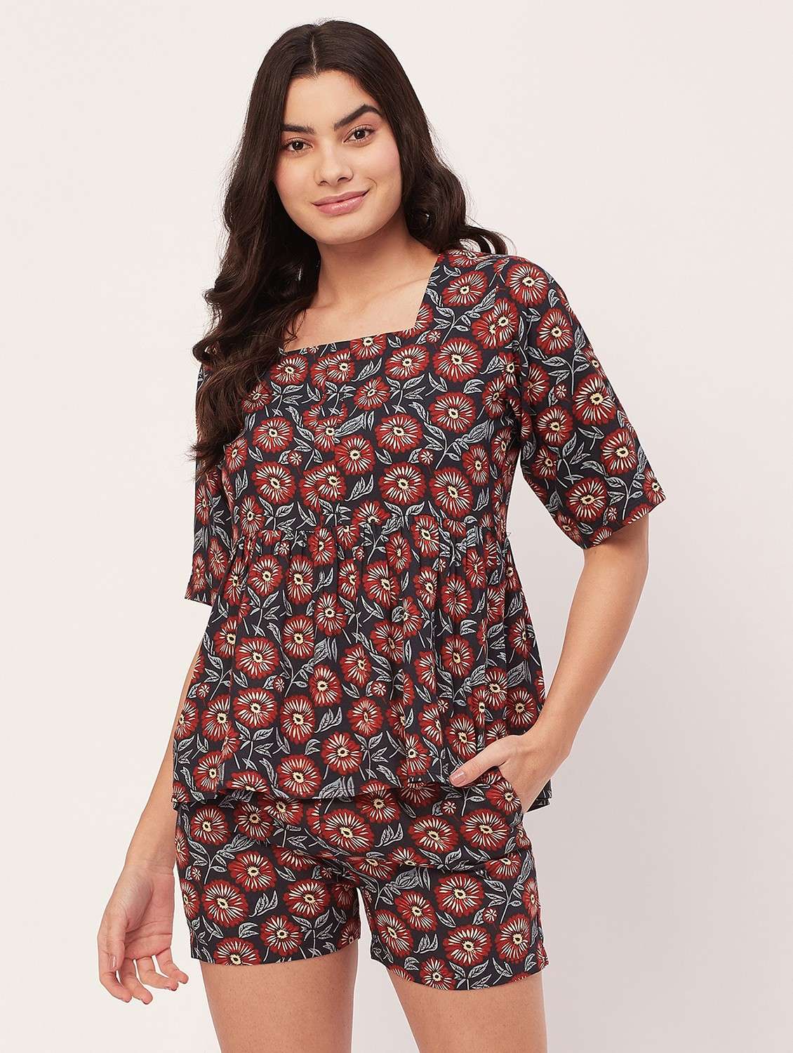navy blue floral shorts nightwear set - 20475978 -  Zoom Image - 0