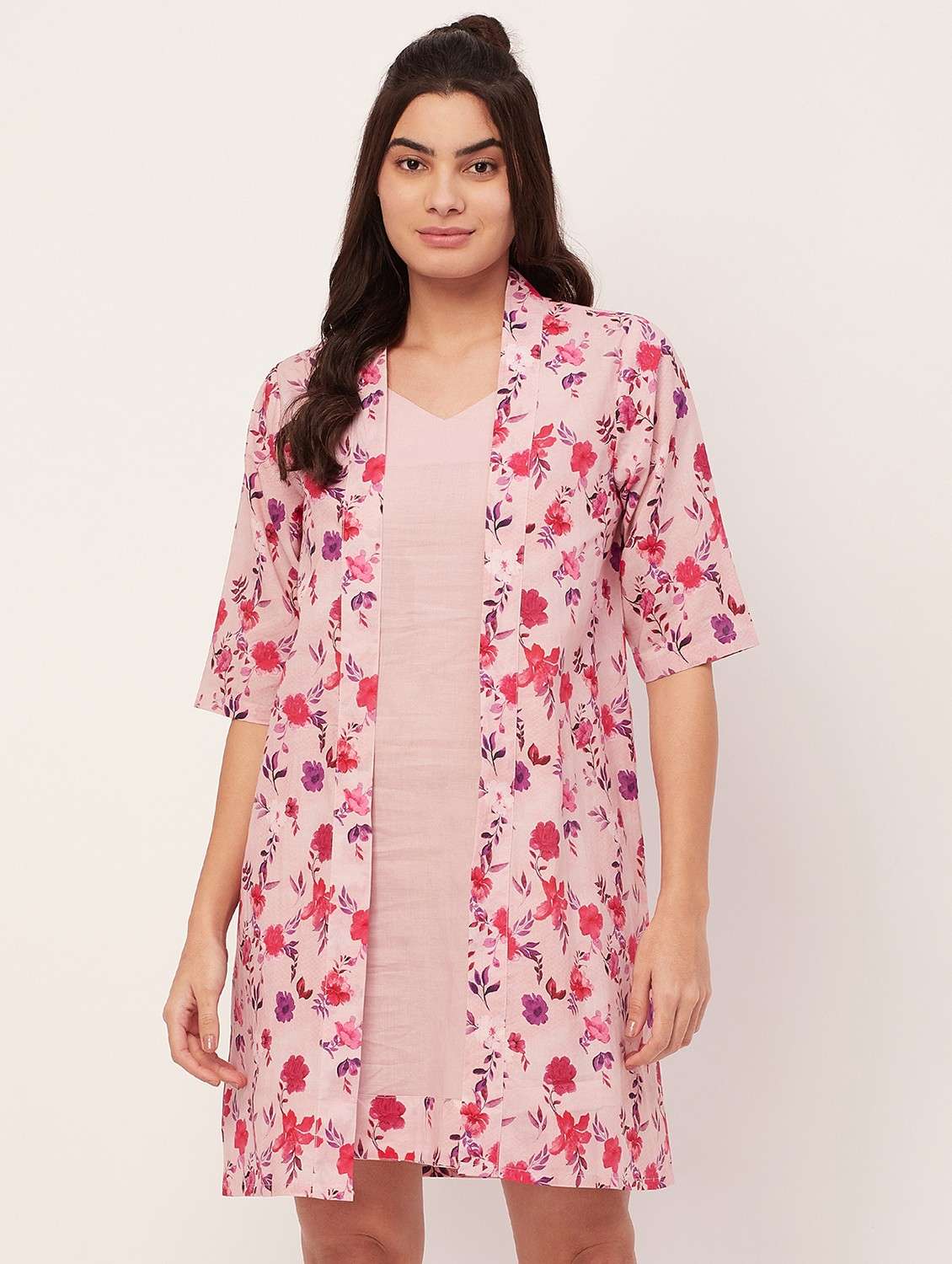 pink floral print sleepshirt with shrug