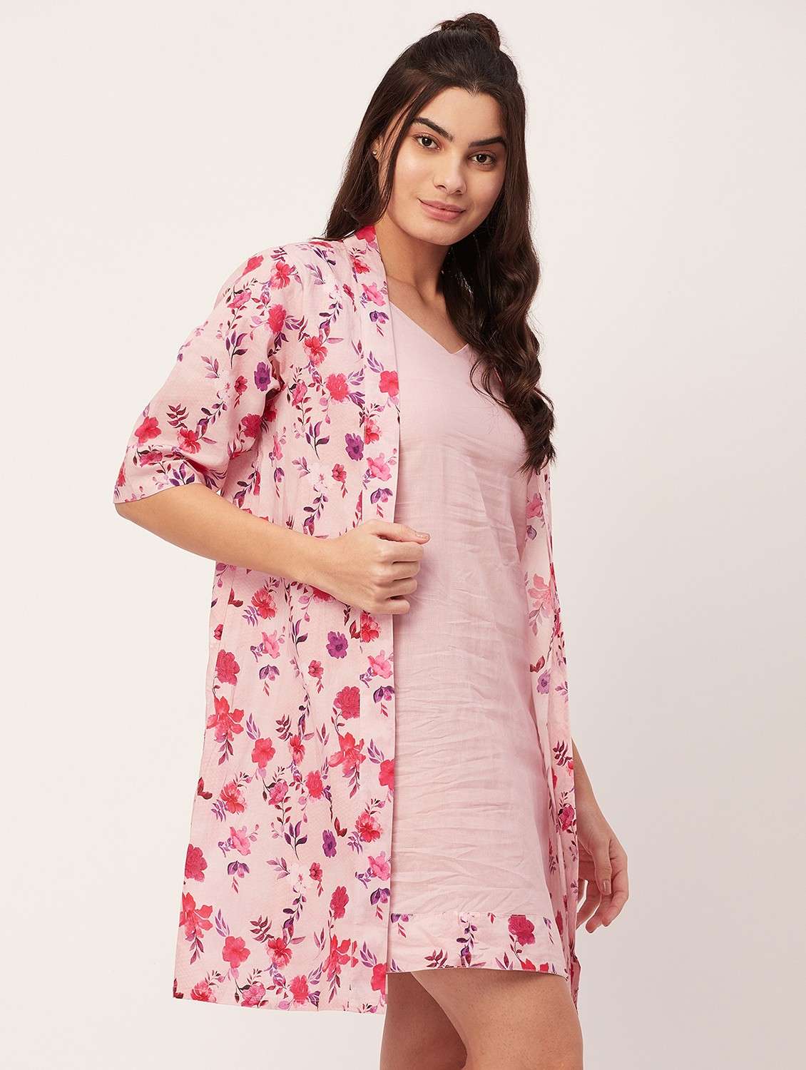 pink floral print sleepshirt with shrug - 20476007 -  Standard Image - 3