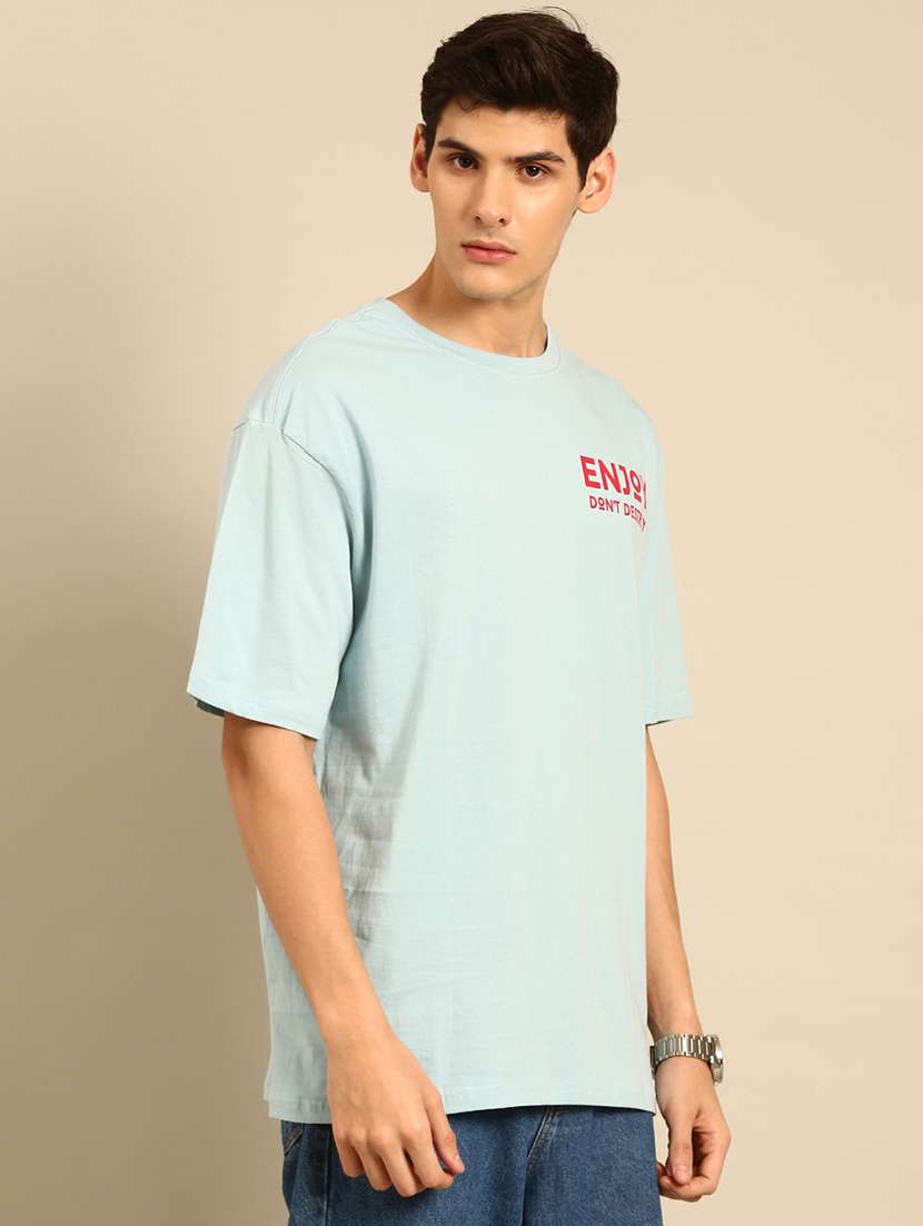 light blue crew neck typographic t-shirt