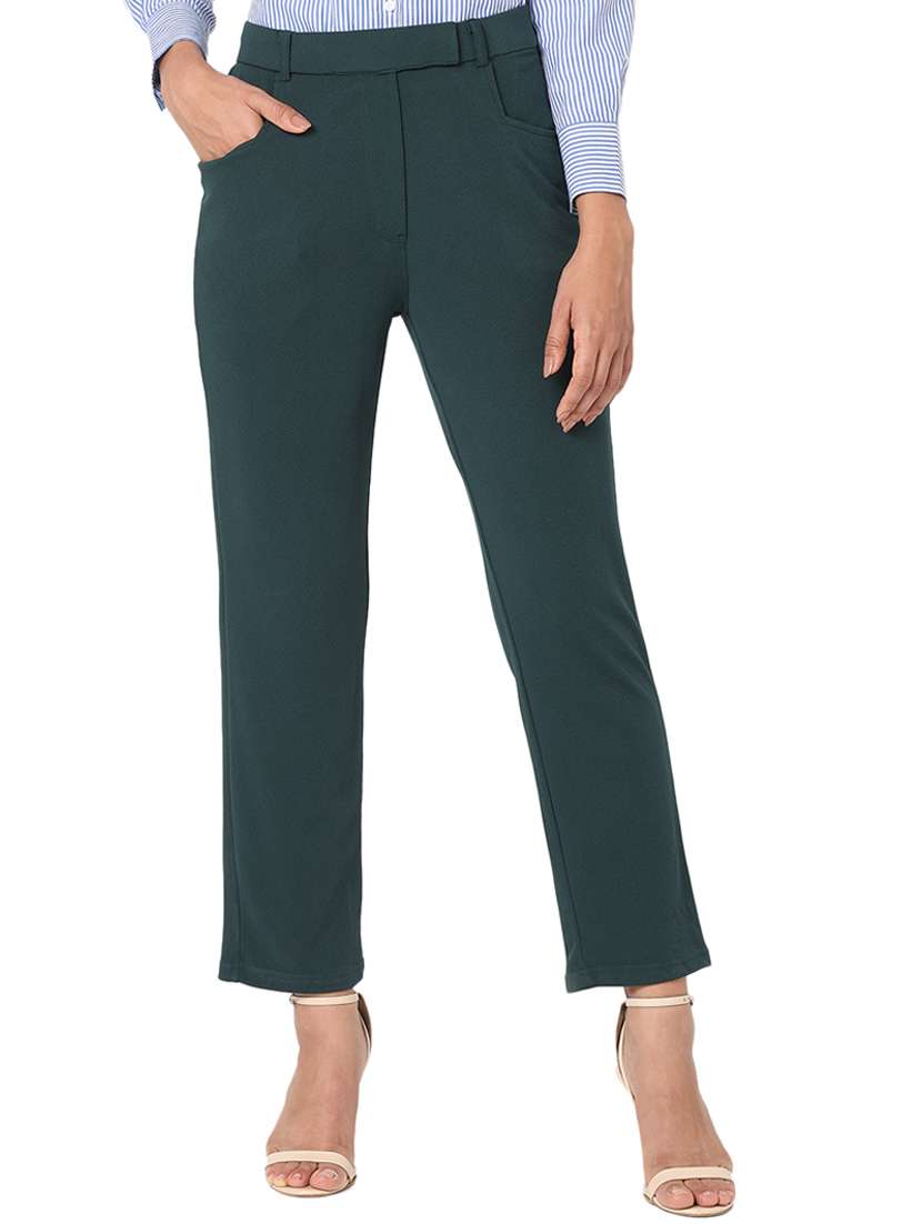 bottle green solid flat front trouser