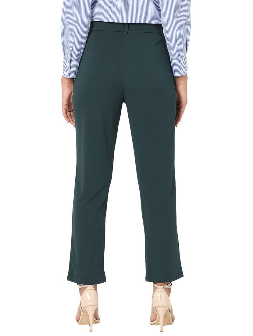 bottle green solid flat front trouser - 20477957 -  Standard Image - 3