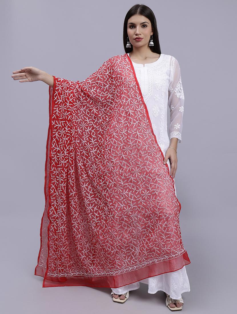 women red embroidered dupatta