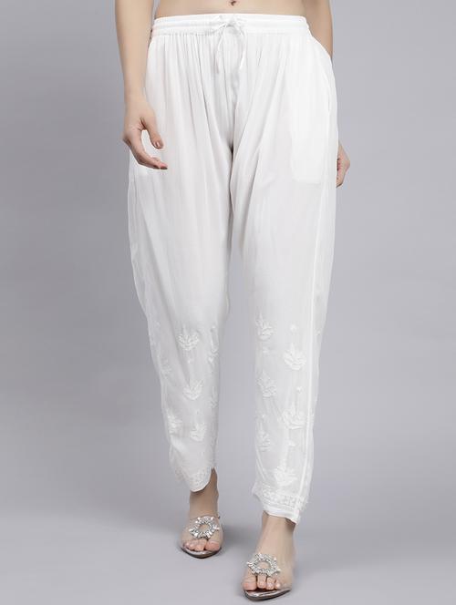 hand embroidered white viscose straight tapered pant - 20478470 - Standard Image - 0