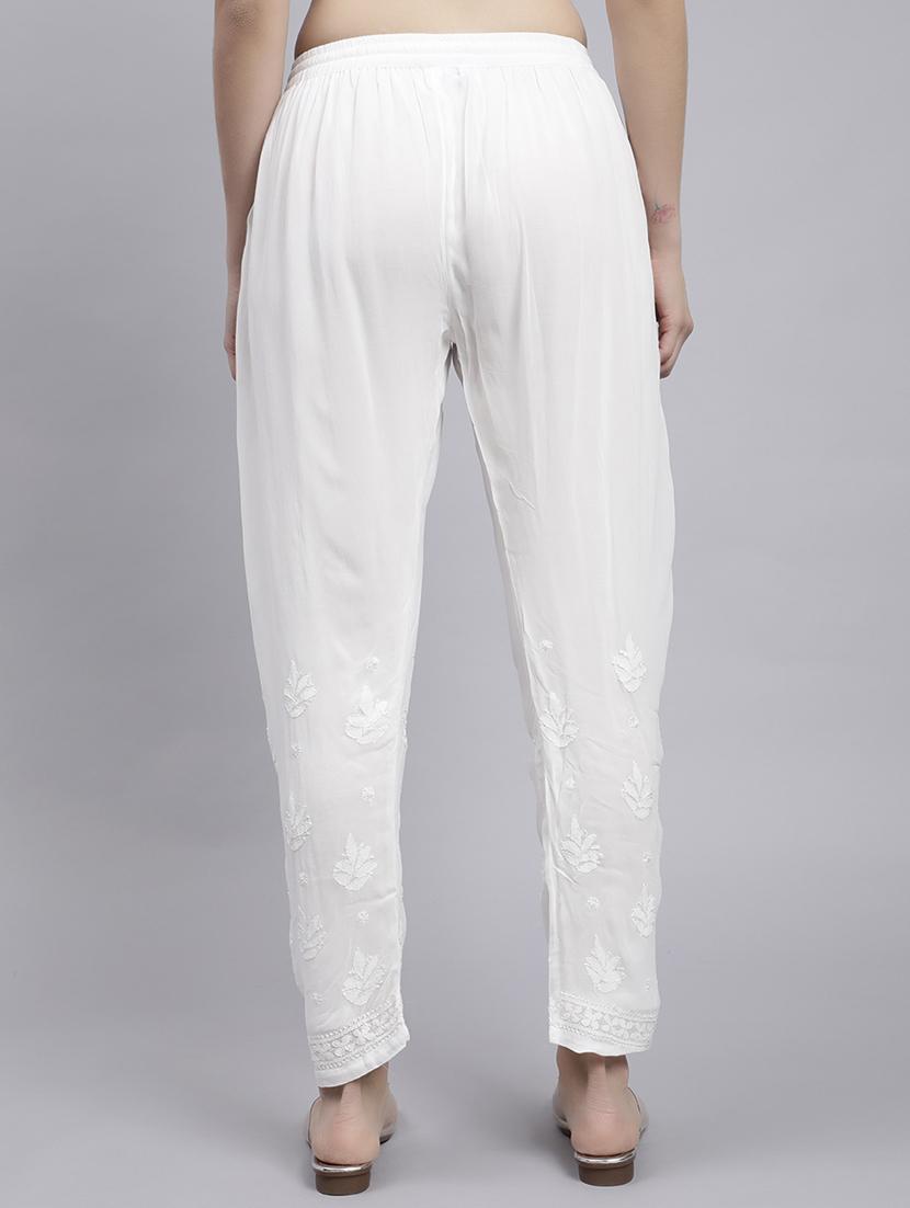 hand embroidered white viscose straight tapered pant - 20478470 - Standard Image - 3