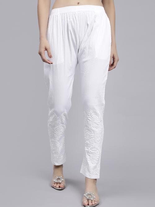 hand embroidered white viscose straight tapered pant - 20478471 -  Standard Image - 0