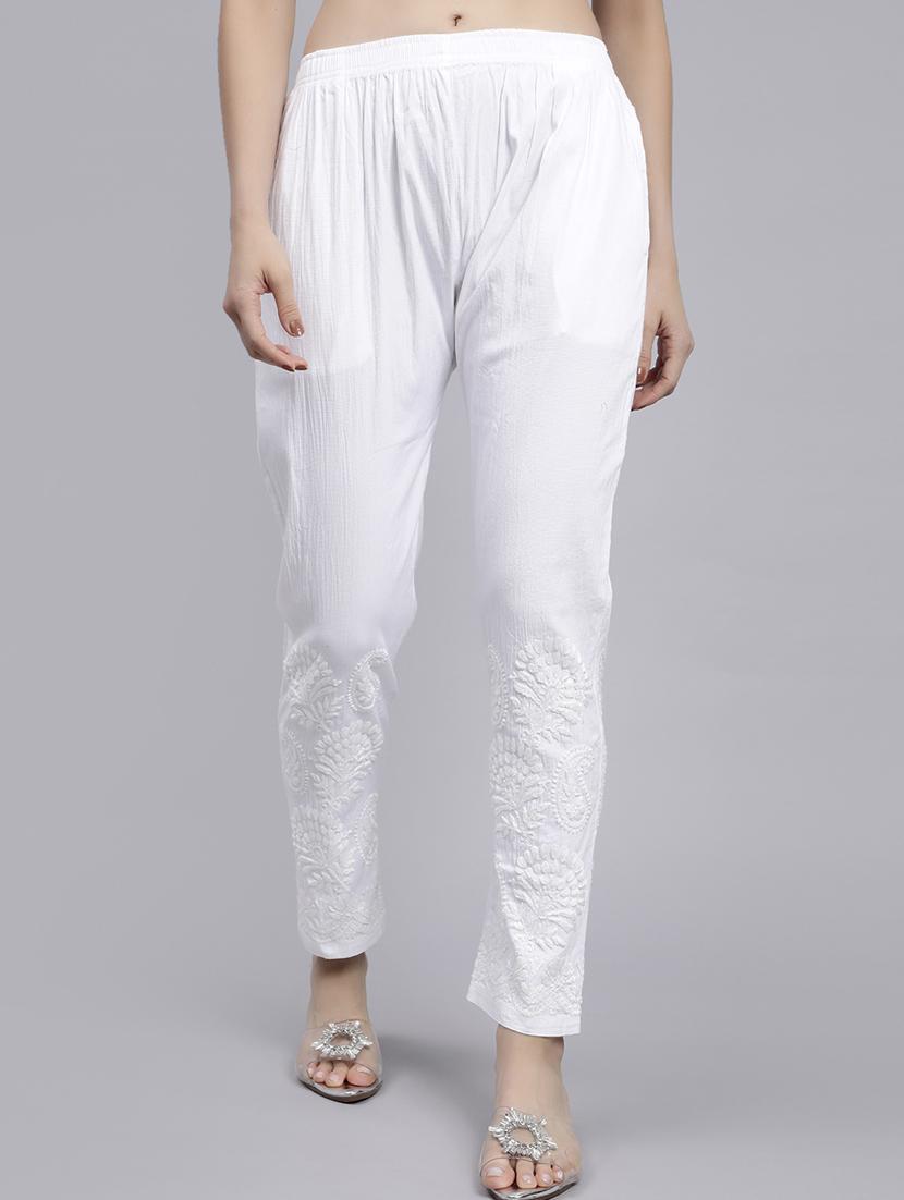 hand embroidered white viscose straight tapered pant - 20478471 -  Zoom Image - 0