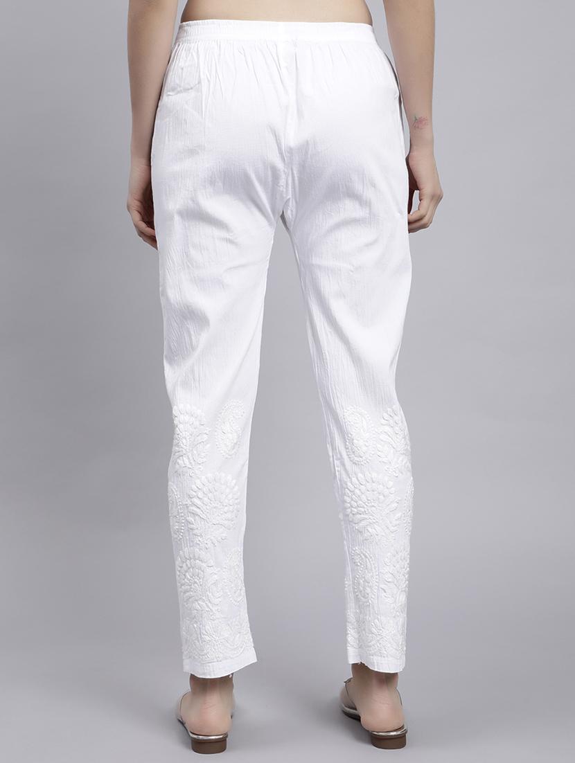 hand embroidered white viscose straight tapered pant - 20478471 - Standard Image - 3
