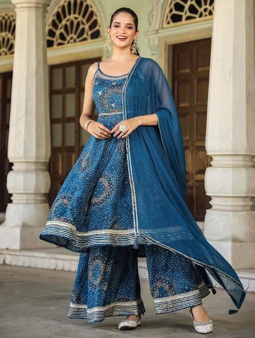 women blue round neck kurta sharara set with dupatta - 20478664 - Standard Image - 0