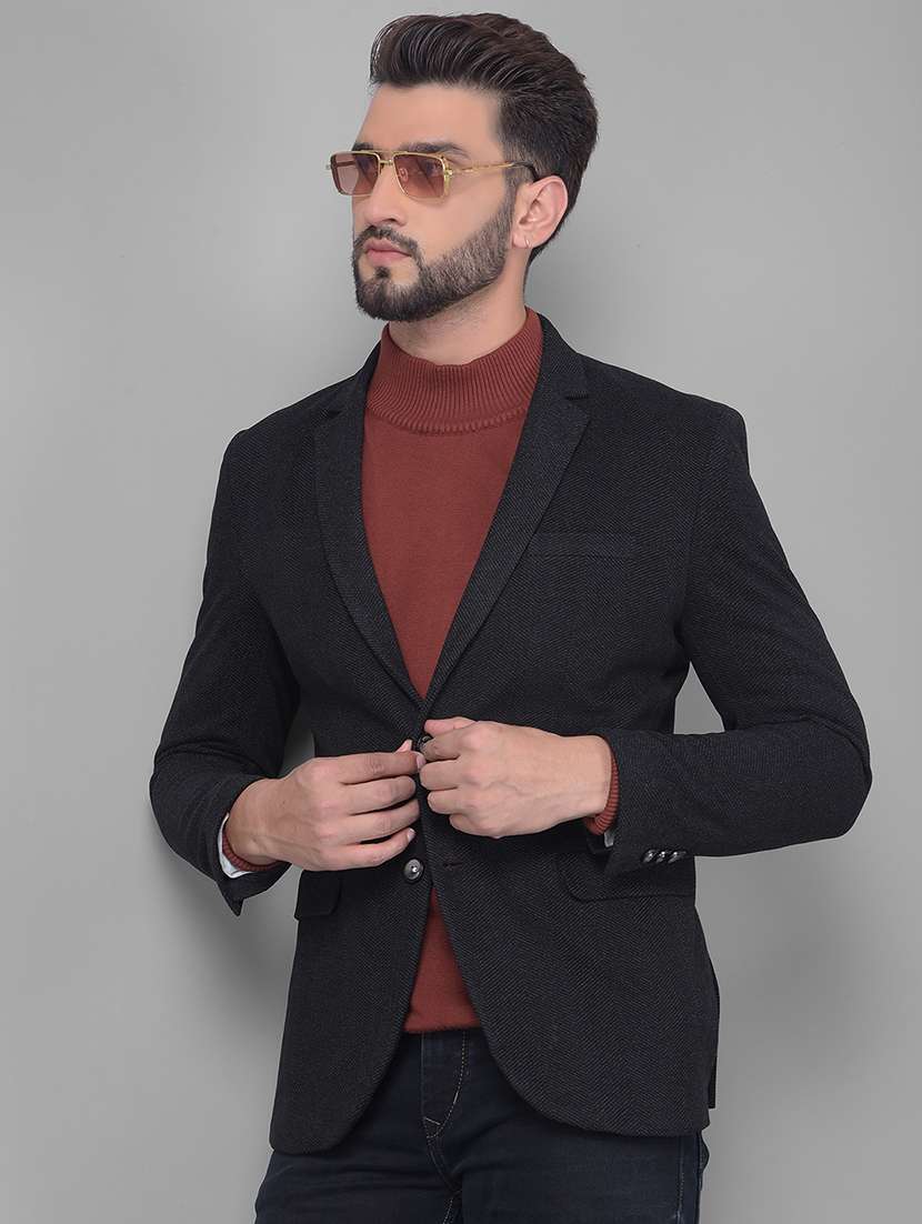 men solid black wool blend single breasted casual blazer