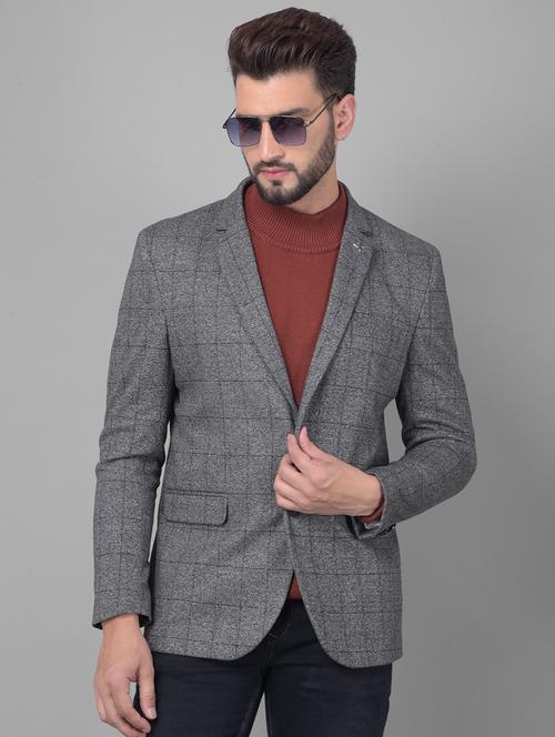men checkered grey polyester single breasted casual blazer - 20478718 - Standard Image - 0