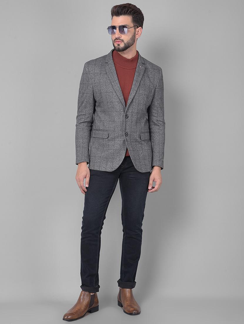men checkered grey polyester single breasted casual blazer - 20478718 - Standard Image - 3
