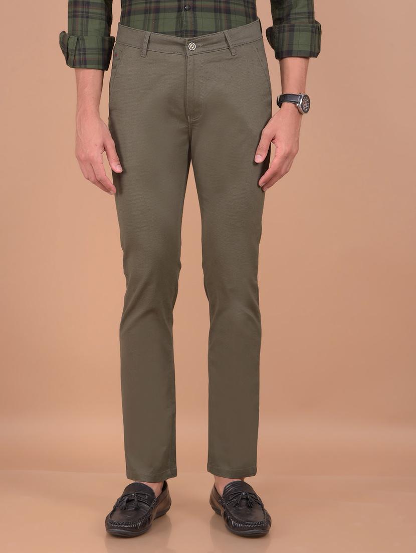 mne solid brown cotton slim fit casual trouser