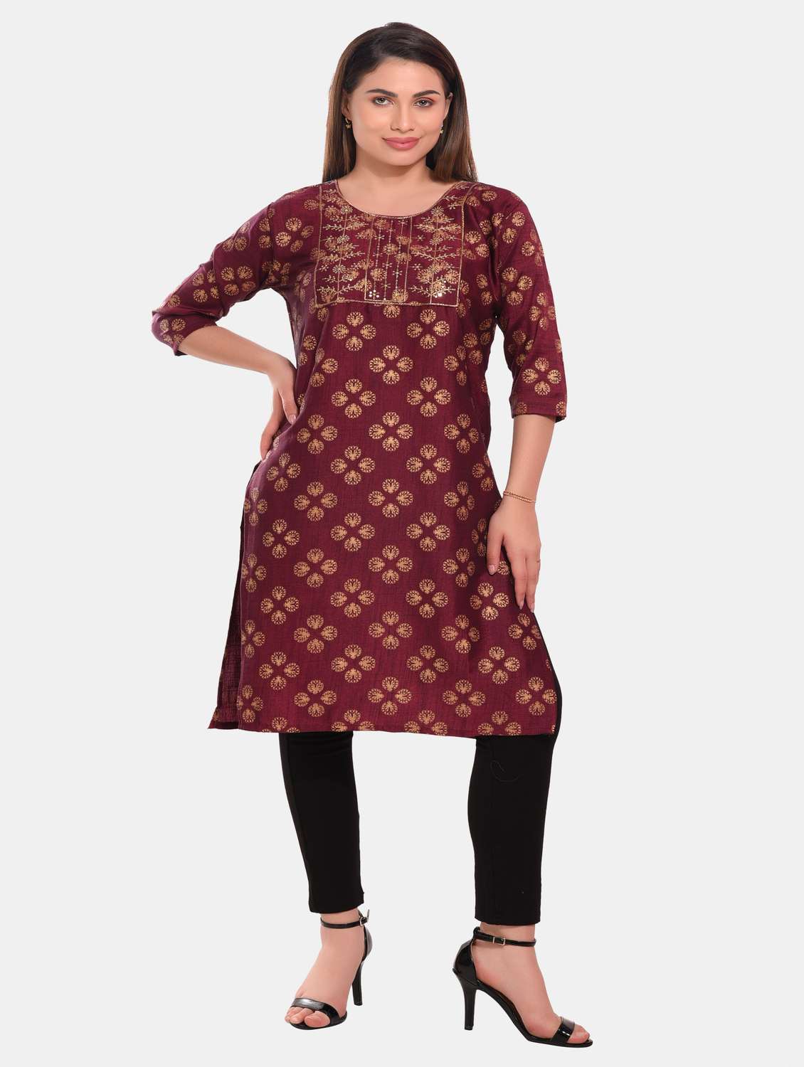 women foil printed straight kurta - 20479165 -  Standard Image - 3