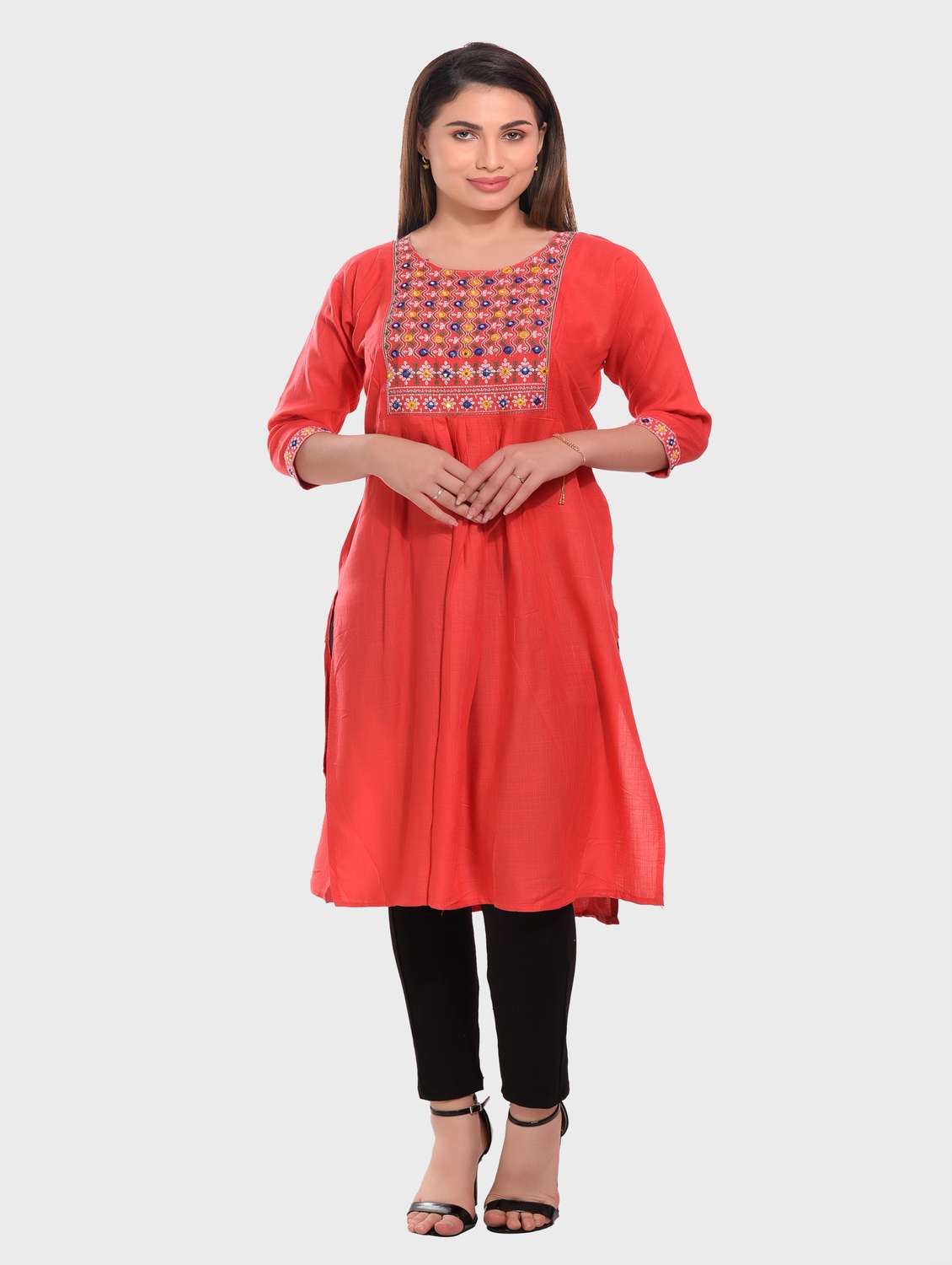 red embroidered rayon straight kurta