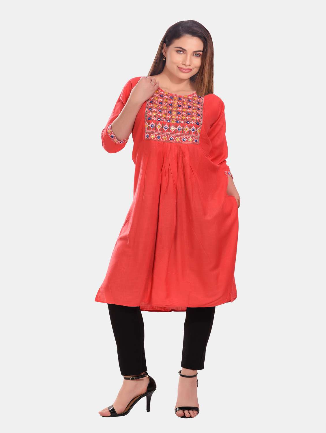 red embroidered rayon straight kurta - 20479176 -  Standard Image - 3