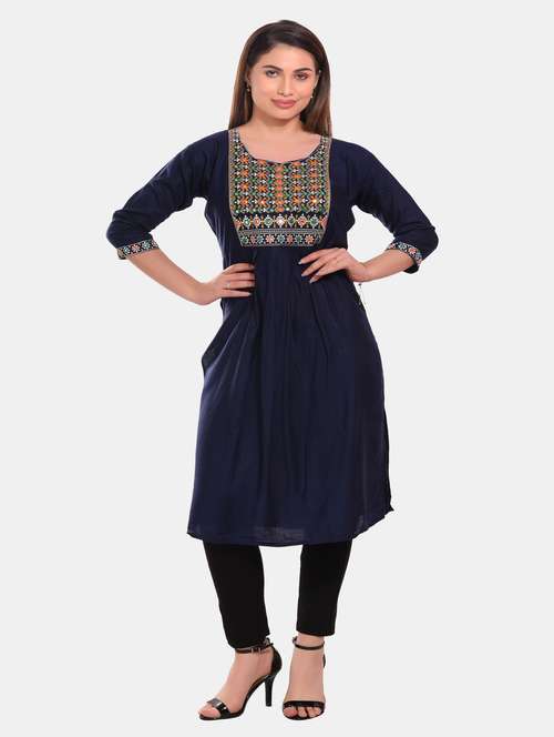 blue embroidered rayon straight kurta - 20479177 -  Standard Image - 0