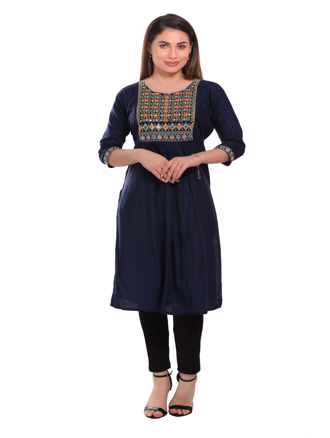 blue embroidered rayon straight kurta - 20479177 -  Standard Image - 3