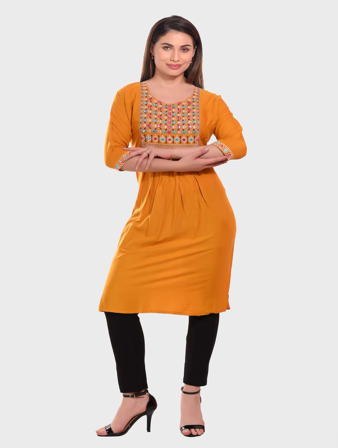mustard embroidered rayon straight kurta - 20479178 -  Standard Image - 3