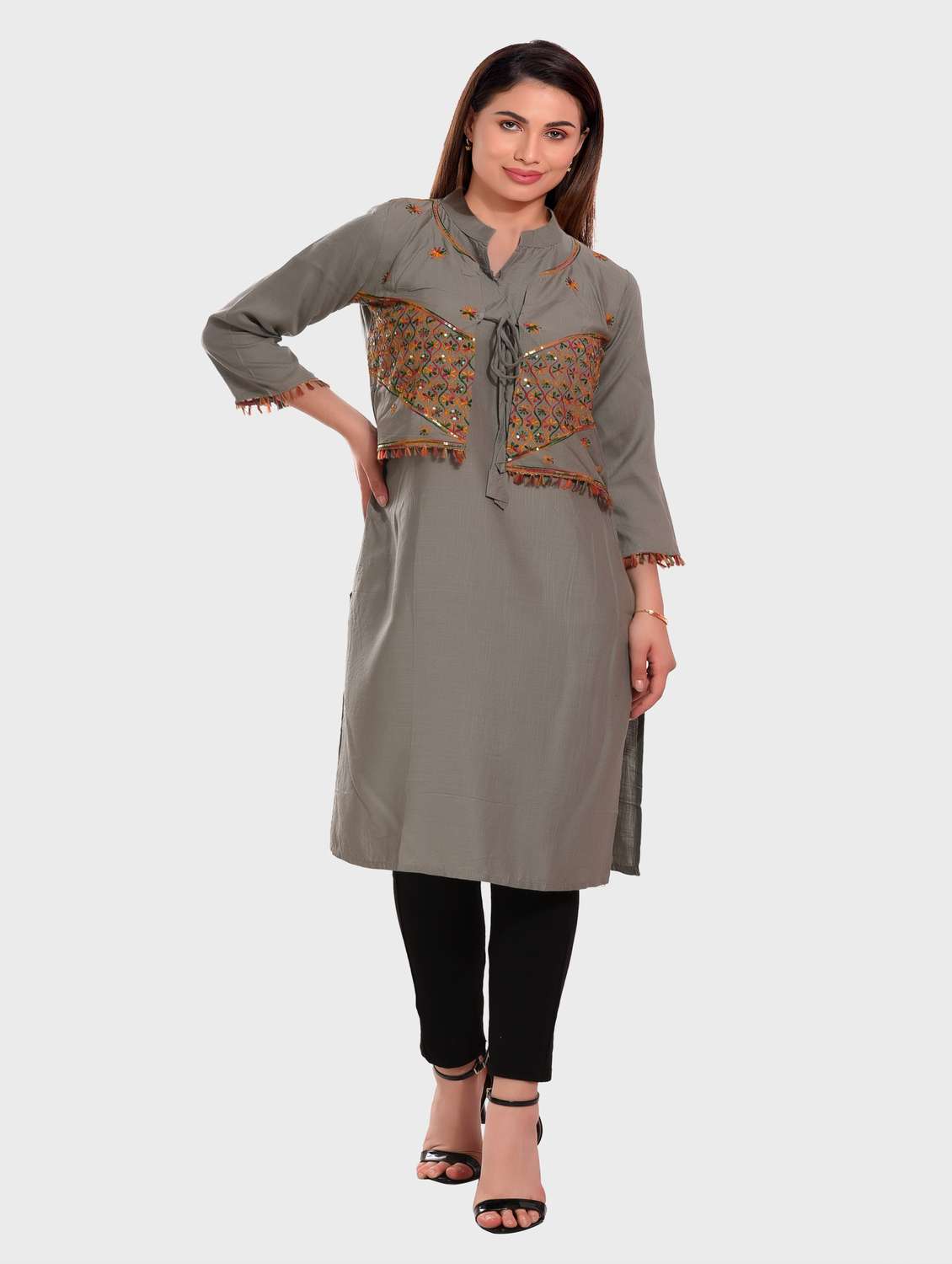 grey embroidered rayon straight kurta - 20479179 -  Standard Image - 3
