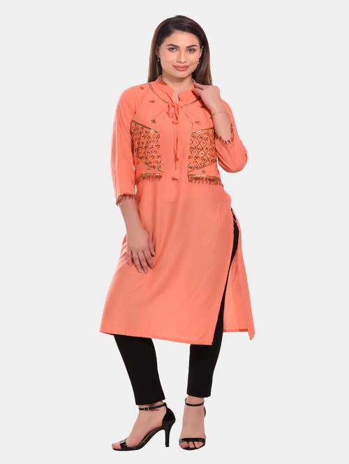 peach embroidered rayon straight kurta - 20479181 -  Standard Image - 0