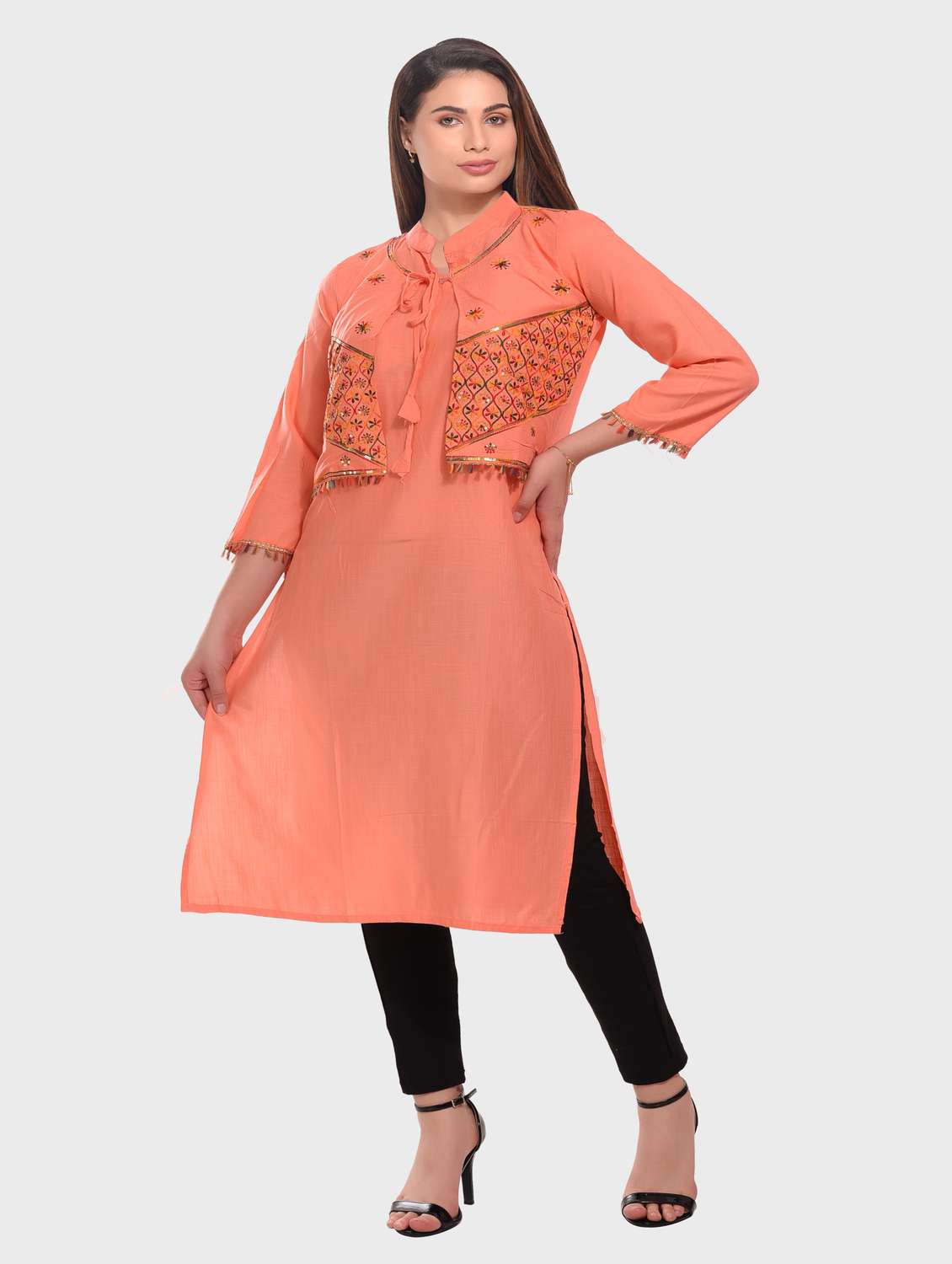 peach embroidered rayon straight kurta - 20479181 -  Standard Image - 3