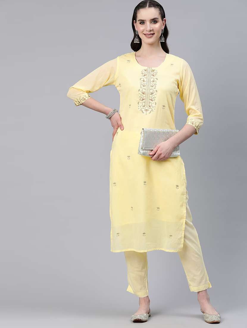 women yellow round neck kurta pant set  - 20483648 -  Standard Image - 3