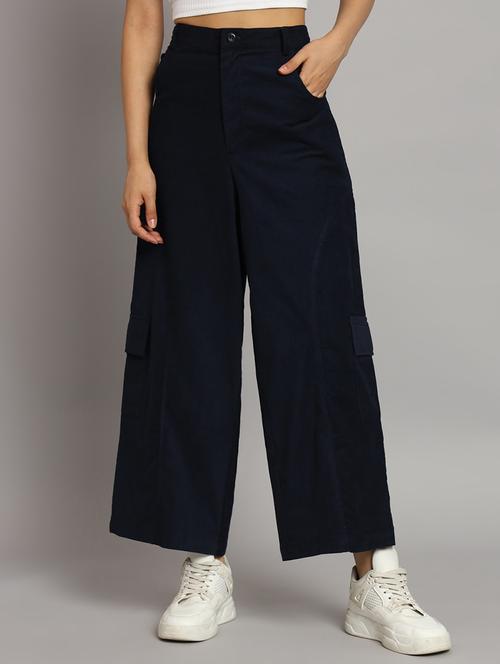 navy blue solid ankle length cargo - 20483799 -  Standard Image - 0